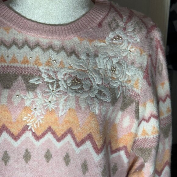 NWT Alfred Dunner Women's Large Telluride Fairisle Sweater w/ Floral Embroidery - Picture 5 of 8